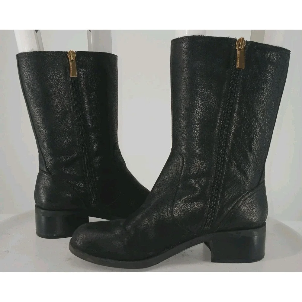 Vince Camuto Black Leather Moto Boots Womens Size 7.5M Gold Buckles C124